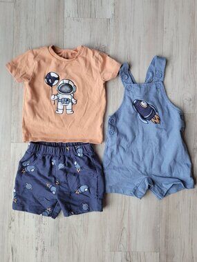 Pekkle 3 Piece Set Tee Shorts Overalls Astronaut Baby Size 9 months